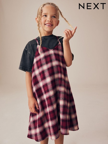 Berry Red Check 100% Cotton Slip Dress And T-Shirt Set (3-16yrs) (K83947) | AED67 - AED88