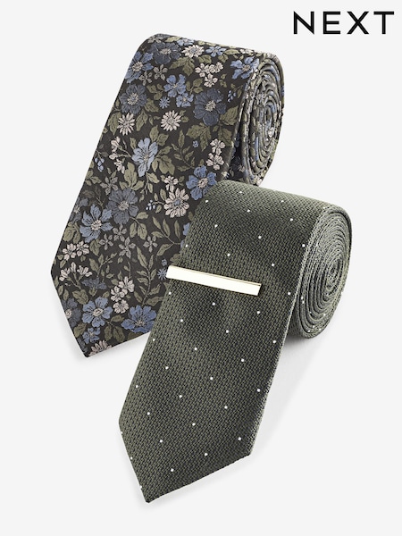 Forest Green Floral/Polka Dot Design Ties And Tie Clip 2 Pack (K84105) | € 23