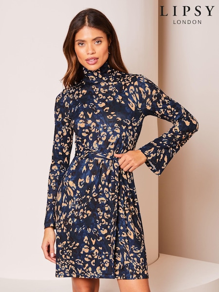 Bleumarin albastru - Rochie mini dreaptă cu guler înalt, Mânecă lungă cordon în talie și Lipsy Jerseu (K84109) | 148 LEI