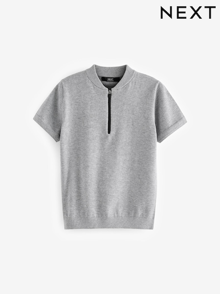 Grey 100% Cotton Knitted Quarter Zip Polo Shirt (3-16yrs) (K84148) | AED49 - AED67