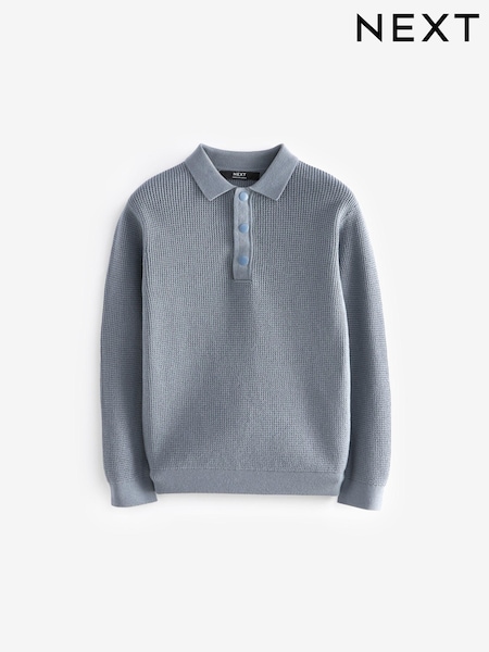 أزرق - Long Sleeve 100% Cotton Textured Polo Shirt (3-16yrs) (K84153) | ‏81 د.إ.‏ - ‏ 107‏ د.إ.