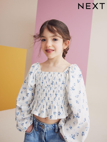 Blue Ditsy Printed Shirred 100% Cotton Blouse (3-16yrs) (K84210) | €8 - €11