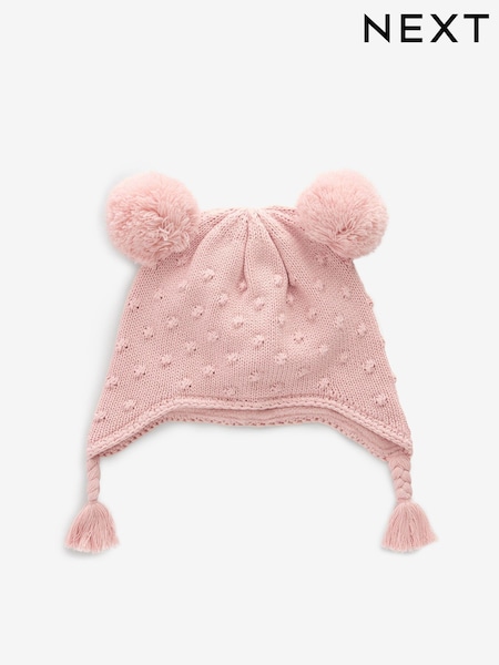Pink Double Pom Knitted Trapper Hat (0mths-2yrs) (K84743) | €8