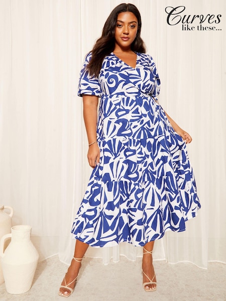 Curves Like These Poplin Puff Sleeve Wrap Midi Dress (K84805) | 233 LEI