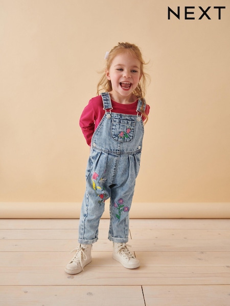 Denim - Floral Print Embroidered 100% Cotton Dungarees (3mths-7yrs) (K84913) | 21 € - 24 €