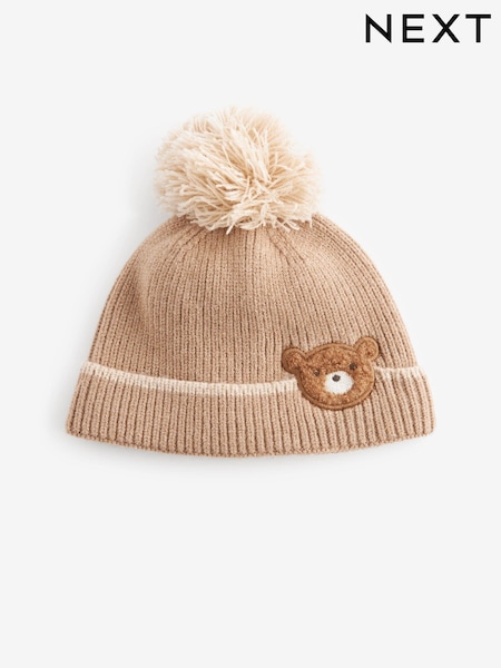 Tan Brown Bear Knitted Baby Pom Beanie Hat (0mths-2yrs) (K85074) | R$ 60