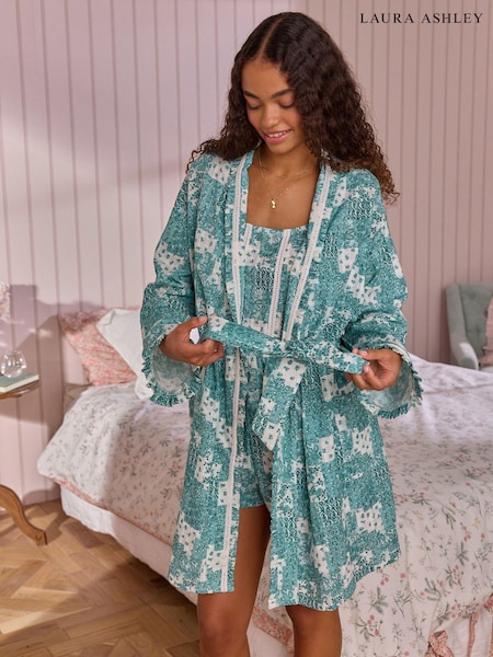 Laura Ashley Green Patchwork Print Textured 100% Cotton Woven Robe (K85353) | €27