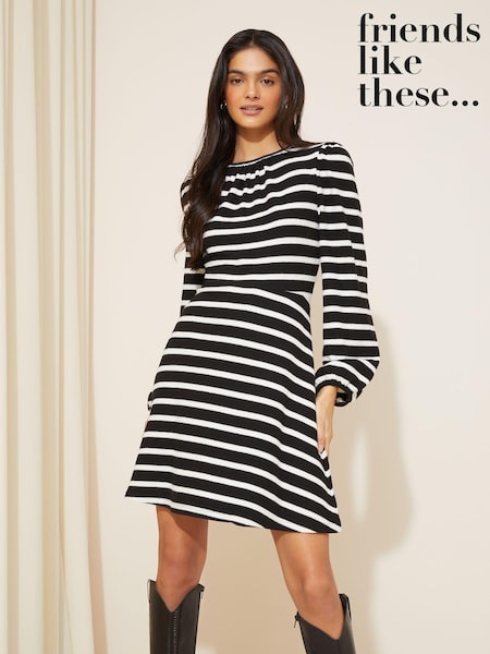 Black Stripe - Friends Like These Knit Soft Touch Ruched Long Sleeve Mini Dress (K85384) | 129 LEI
