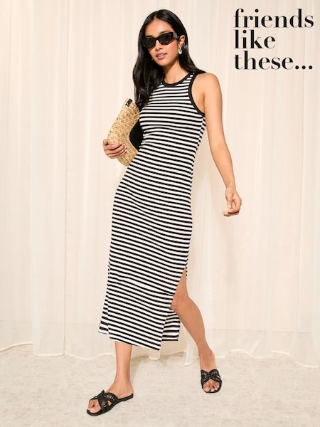 Friends Like These Black/White Rib Racer Round Neck Midi Dress (K85393) | € 19