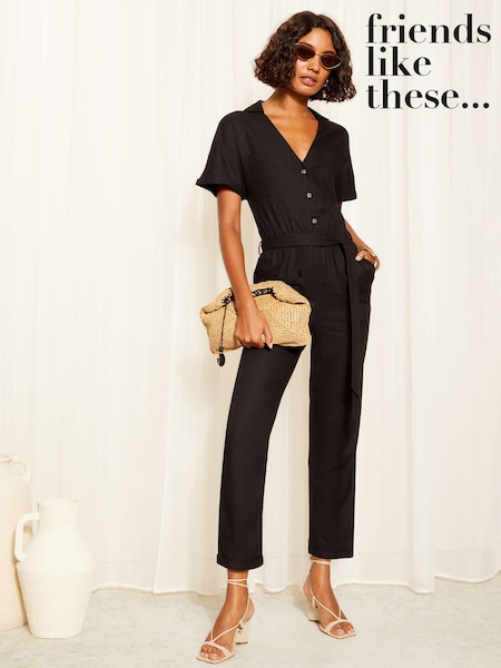 Friends Like These Black Short Sleeve Button Tapered Jumpsuit with Linen (K85395) | € 30