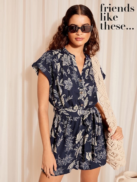 Marineblau/blau - Friends Like These Linen Belted Short Sleeve Utility Playsuit (K85398) | 14 €