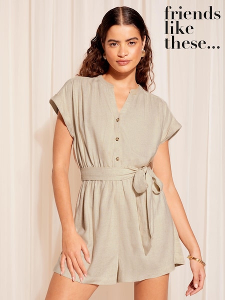 Neutrale Farbe - Friends Like These Linen Belted Short Sleeve Utility Playsuit (K85400) | 15 €