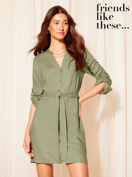 Friends Like These Khaki Green Roll Sleeve Linen Mini Shirt Dress (K85405) | €22