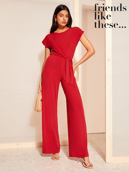 Friends Like These Red Short Sleeve Tie Waist Jumpsuit (K85420) | 111 QAR