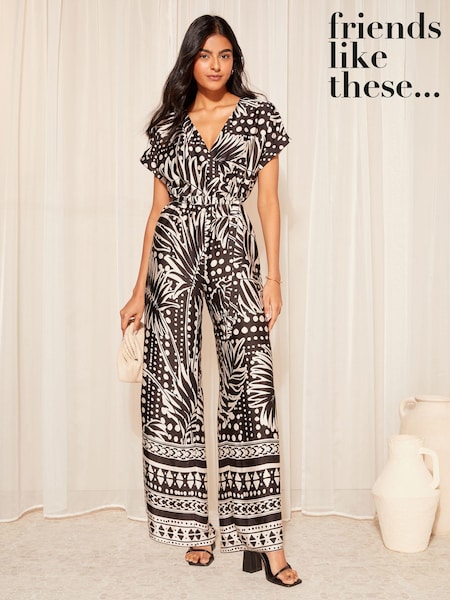 Friends Like These Black/White Wrap Short Sleeve Wide Leg Jumpsuit (K85421) | €27