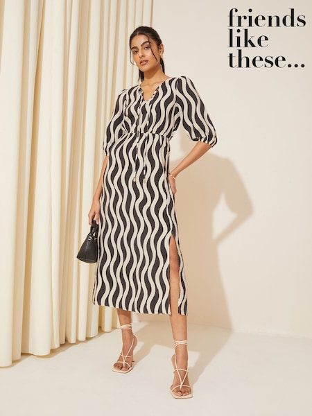 Friends Like These Black/White V Neck Puff Sleeve Shirred Waist Dress (K85429) | €22.50