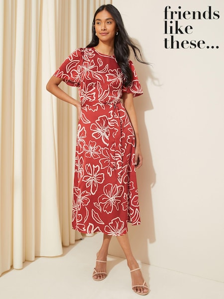Красный - Friends Like These Flutter Sleeve Printed Satin Midi Dress (K85440) | €31