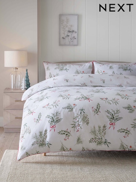 White/Winter Sprig Brushed 100% Cotton Christmas Duvet Cover and Pillowcase Set (K85633) | OMR10 - OMR21