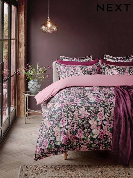 Pink 200 Thread Count 100% Egyptian Cotton Sateen Bold Floral Duvet Cover and Pillowcase Set (K85648) | € 45 - € 68