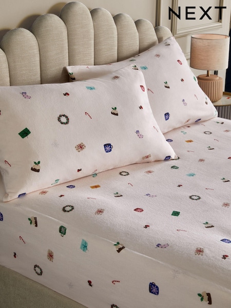 White/Festive Icons Brushed 100% Cotton Christmas Fitted Sheet and Pillowcase Set (K85660) | 82 QAR - 123 QAR