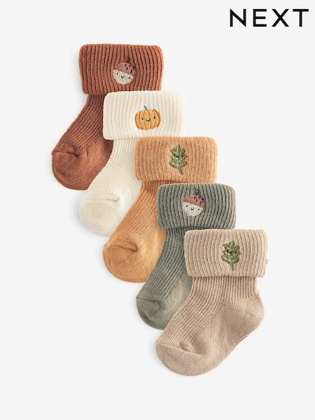 Brown Baby Embroidered Roll Top Socks 5 Pack (0mths-2yrs) (K85848) | € 7