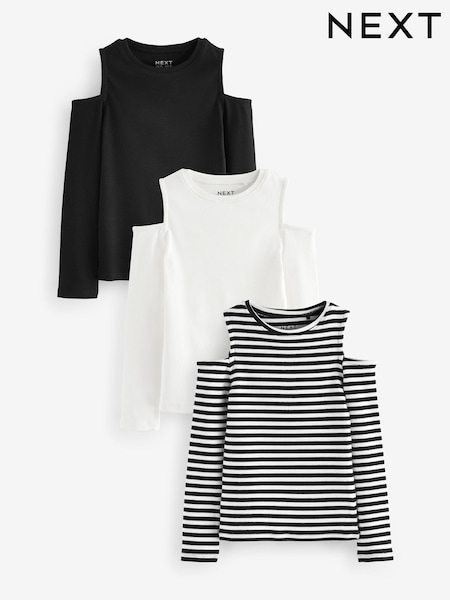 Black/White Cold Shoulder Rib Long Sleeve T-Shirt 3 Pack (3-16yrs) (K86176) | € 9 - € 12