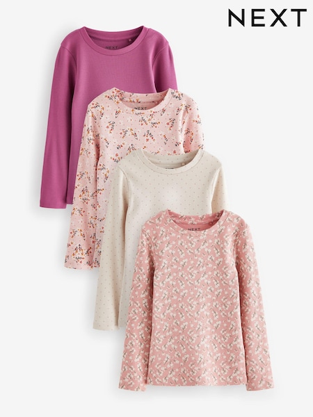 Rosa floral - Rib Long Sleeve Tops 4 Pack (3-16yrs) (K86177) | 29 € - 37 €