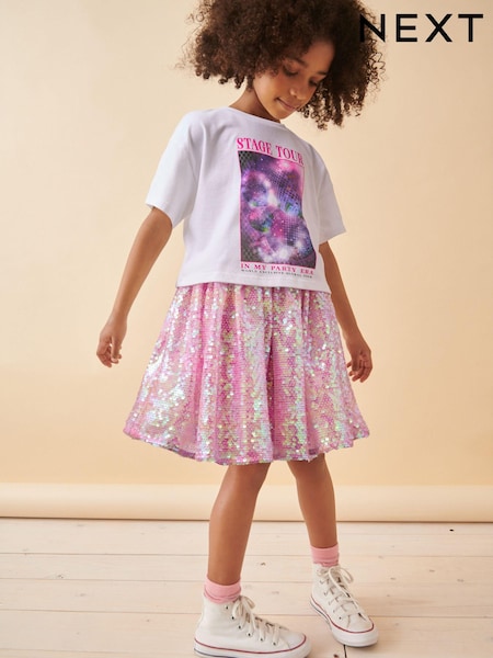 أبيض/وردي - Glitterball Graphic T-Shirt and Sequin Skirt Set (3-16yrs) (K86227) | ‏85 د.إ.‏ - ‏ 106‏ د.إ.