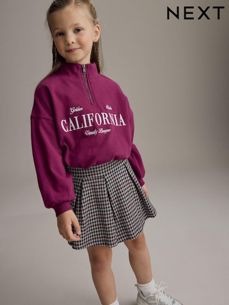 Burgundy Red Varsity Bubble Hem 100% Cotton Sweat & Check Skirt Set (3-16yrs) (K86243) | AED24 - AED30