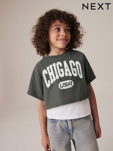 Grey/White 100% Cotton Varsity Graphic Layered T-Shirt and Vest (3-16yrs) (K86256) | AED11 - AED16