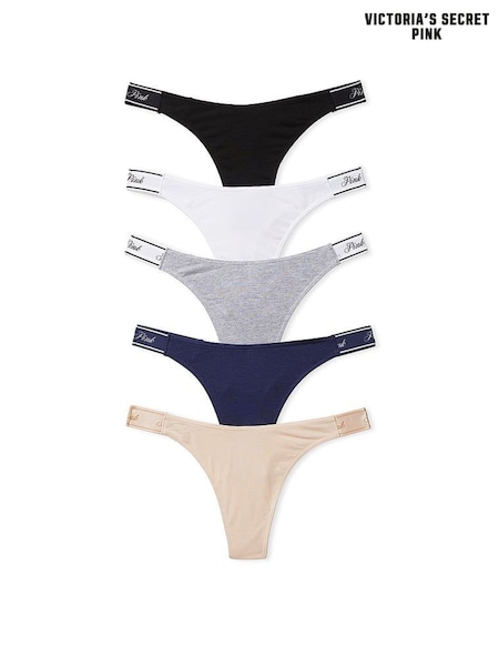 PINK Black/White/Nude/Grey/Navy Blue Thong 5 Pack Knickers (K86391) | €31