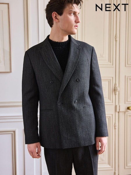 Black Textured Double Breasted Suit Jacket (K86516) | AED256