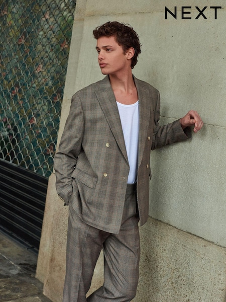 Neutral Relaxed Fit Jacquard Check Suit Jacket (K86532) | €49