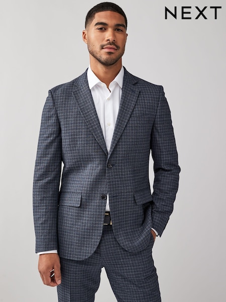 Navy Blue Textured Micro Check Suit Jacket (K86536) | €62