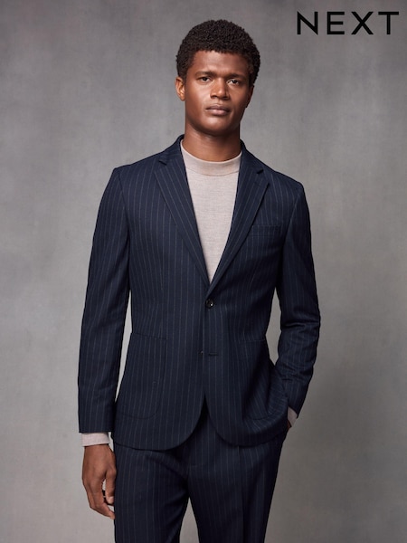 Navy Blue Slim Fit Flannel Stripe Suit Jacket (K86542) | €19