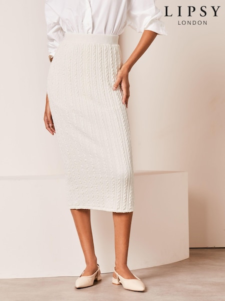 Lipsy Ivory White Cable Knit Column Midi Skirt (K86588) | €19
