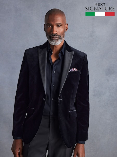 Black Regular Fit Signature Pontoglio Italian Fabric Velvet Blazer (K86893) | €203