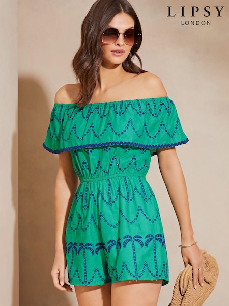 Verde - Salopetă scurtă cu broderie Model bardot de vară și model palmieri Lipsy (K86950) | 172 LEI
