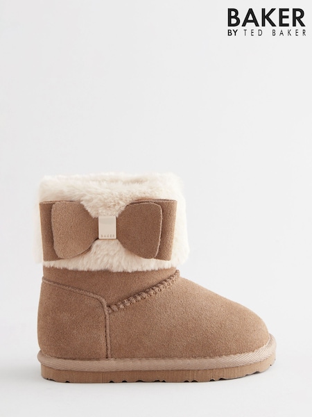 Baker by Ted Baker Girls Faux Fur Cuff Boot Slippers with Bow (K86958) | 125 LEI