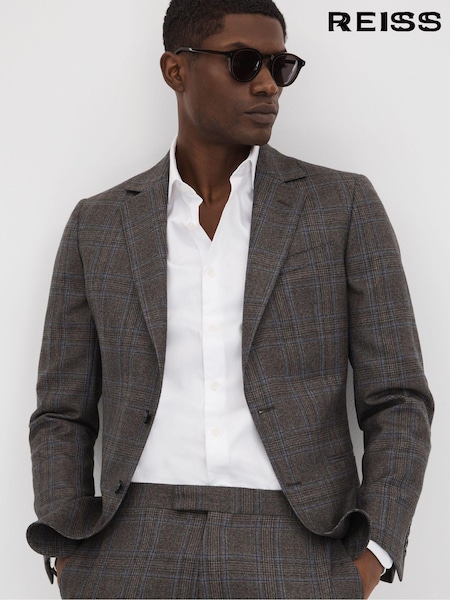 Reiss Brown Multi Fantasy Slim Fit Wool Single Breasted Check Blazer (K87111) | €621