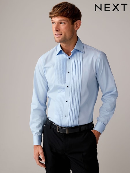 Light Blue Pleated Double Cuff 100% Cotton Dress Shirt With Cutaway Collar (K87243) | AED92