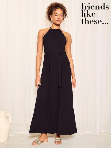 Friends Like These Black Halter Jersey Dress With Tie Belt (K87256) | €20