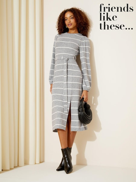 Friends Like These Grey Stripe Soft Touch Knitted Belted Midi Dress (K87266) | €27