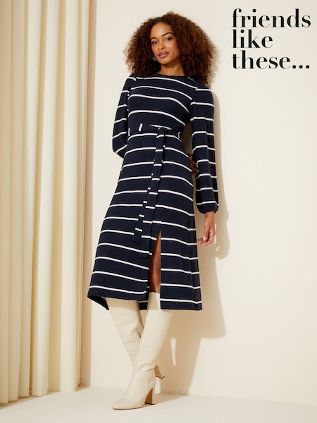 Friends Like These Navy Blue Stripe Soft Touch Knitted Belted Midi Dress (K87271) | €13