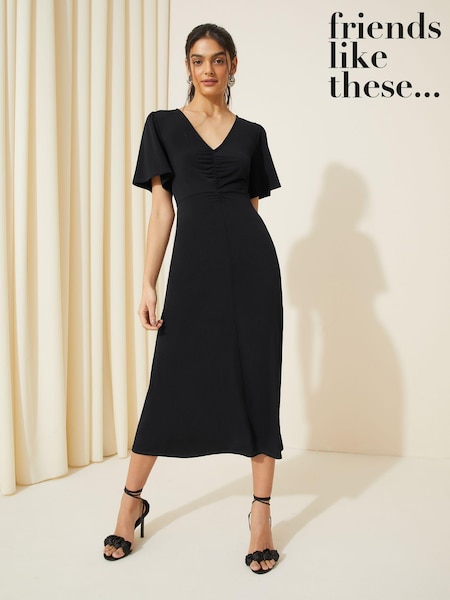 Friends Like These Black Ruched Front Flutter Sleeve Midi Dress (K87284) | €26