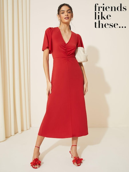 Friends Like These Red Ruched Front Flutter Sleeve Midi Dress (K87286) | 96 QAR