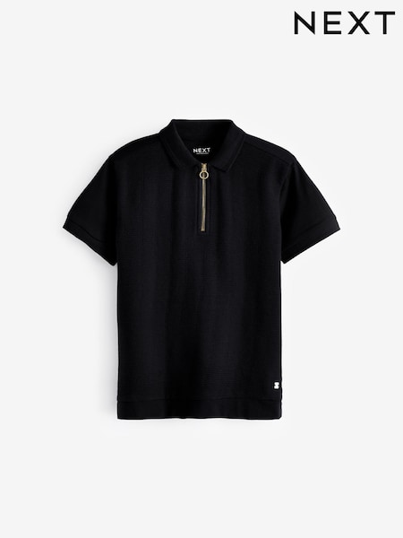 Black Textured Short Sleeve Quarter Zip Polo Shirt (3-16yrs) (K87315) | AED42 - AED60