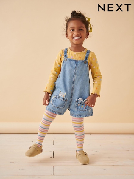 Denim Cat Embellished 100% Cotton Dungarees 3 Piece Set (3mths-7yrs) (K87497) | AED27 - AED31