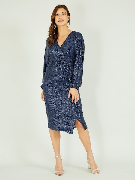 Yumi Blue Sequin Ruched Wrap Long Sleeve Dress (K87506) | €50
