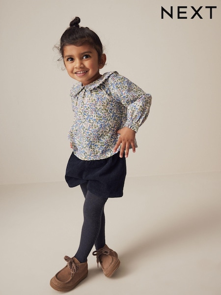 Marineblau mit floralem Muster - Blouse, Shorts and Tights 100% Cotton Set (3mths-7yrs) (K87517) | 7 € - 8 €